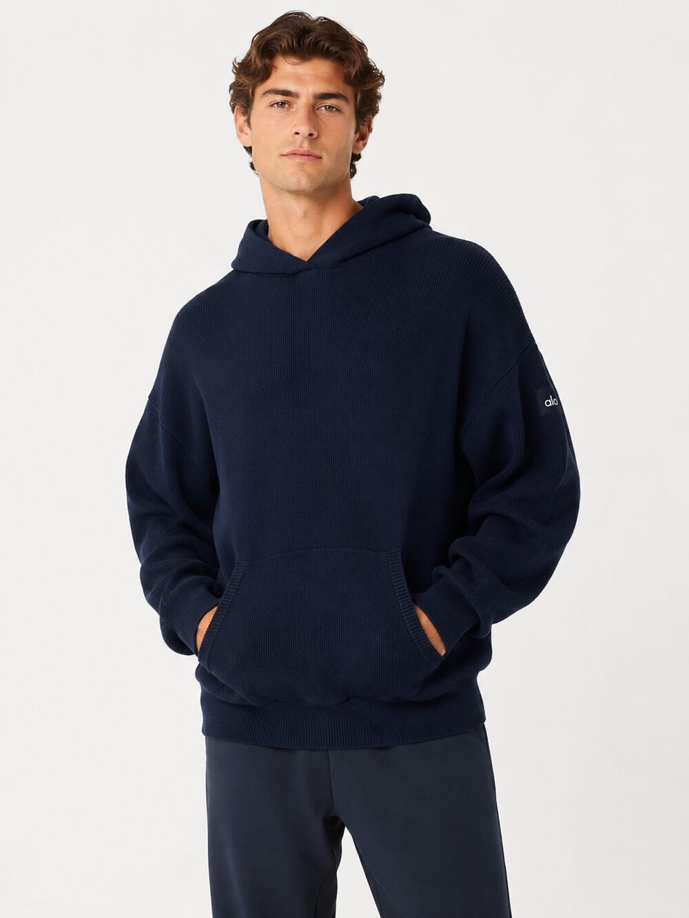 Alo Yoga Ribbed Knit Hoodie Sweater Navy Blue Oversized Pullover XS/TP